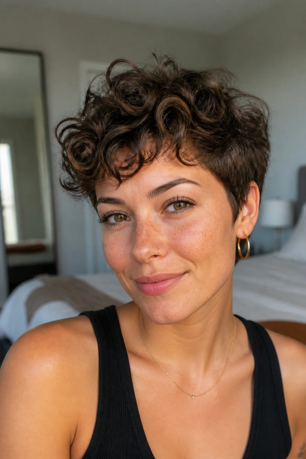 Close-up portrait of a real woman with a tousled crown pixie in sunlit room