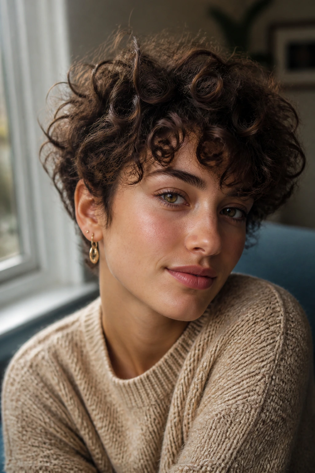 Real person with tousled curly crop and volume, windblown curls