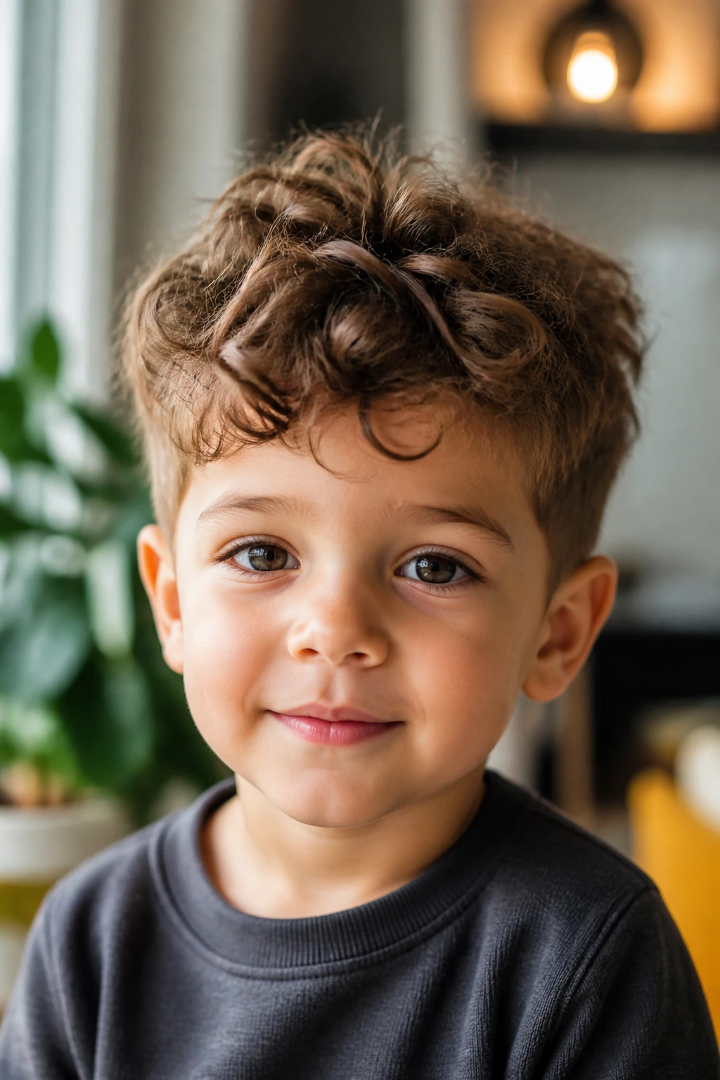 Close-up of a toddler boy with a tousled curly crop hairstyle