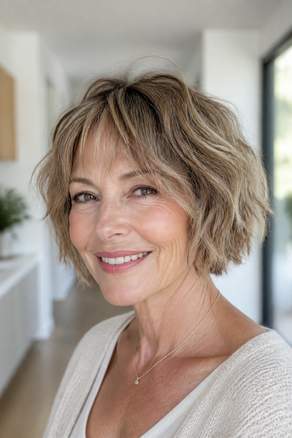 Close-up portrait of a real woman with a tousled ear-to-jaw crop