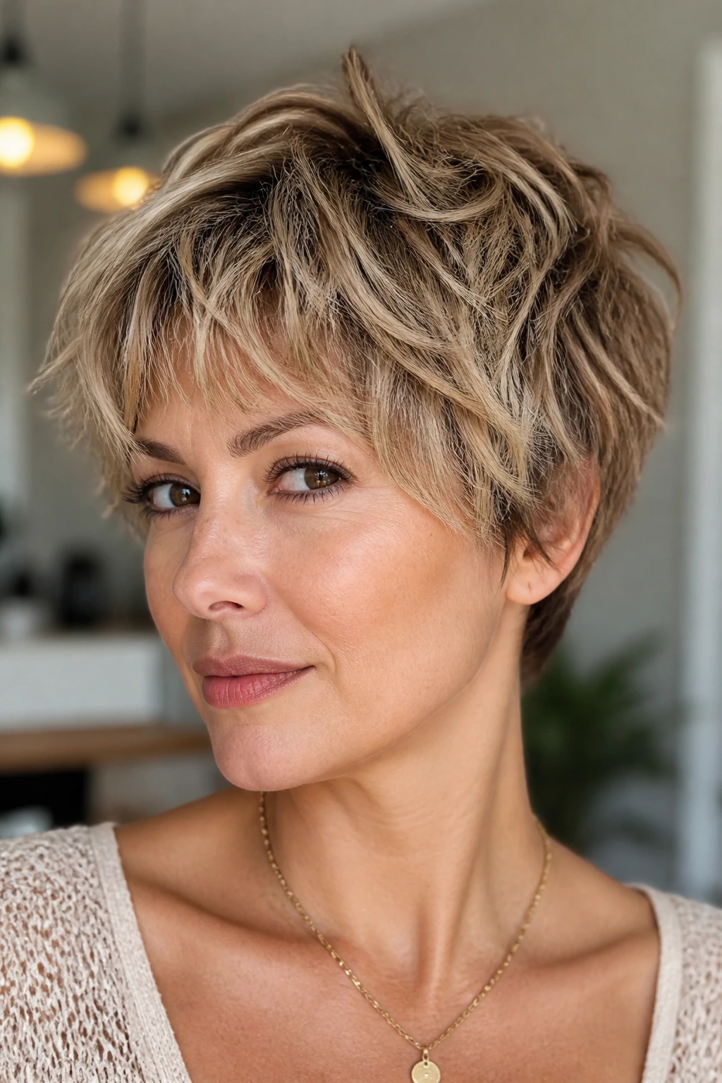 Close-up of a real woman with a tousled feathered crop and textured ends in natural light.