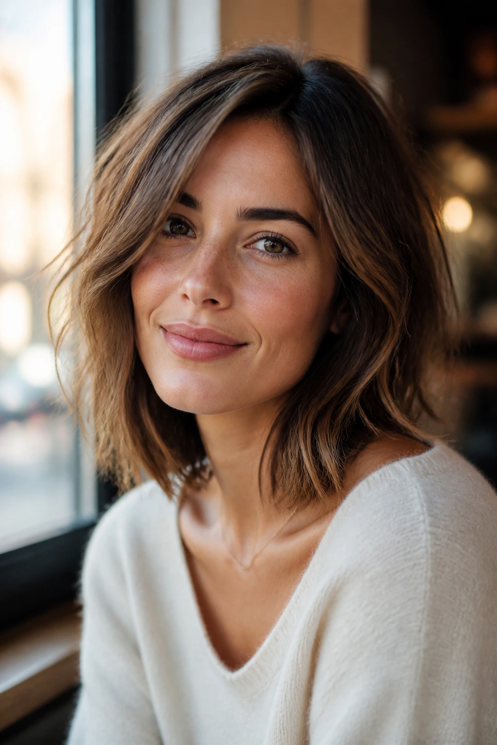 Close-up of tousled fine-hair lob on a real woman