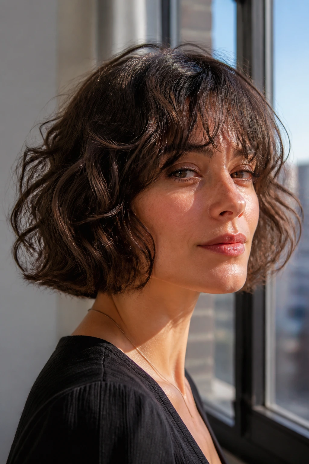 Close-up portrait of a real woman with tousled French bob for fine, wavy hair