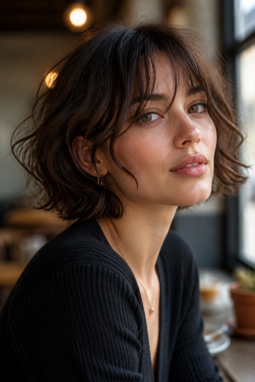 Close-up portrait of a real woman with a tousled French bob and wispy curtain bangs in natural cafe light