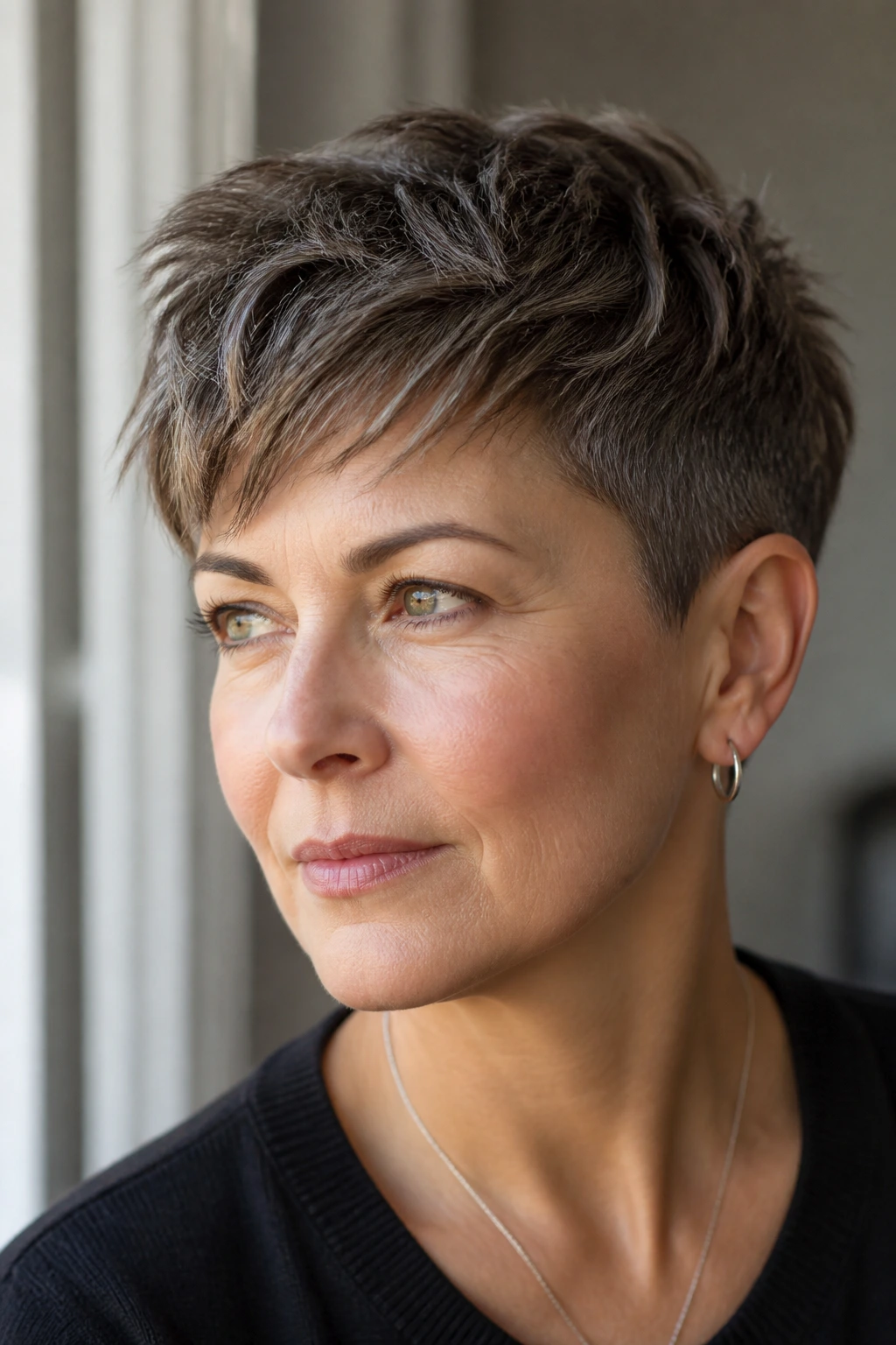 Close-up portrait of a real woman with a tousled French crop hairstyle