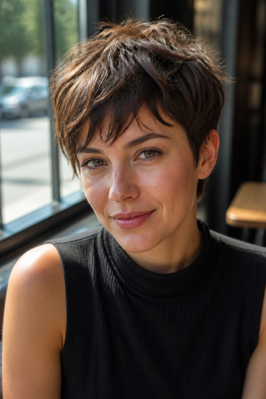 Close-up portrait of a woman with tousled French crop and choppy bangs in a sunlit cafe