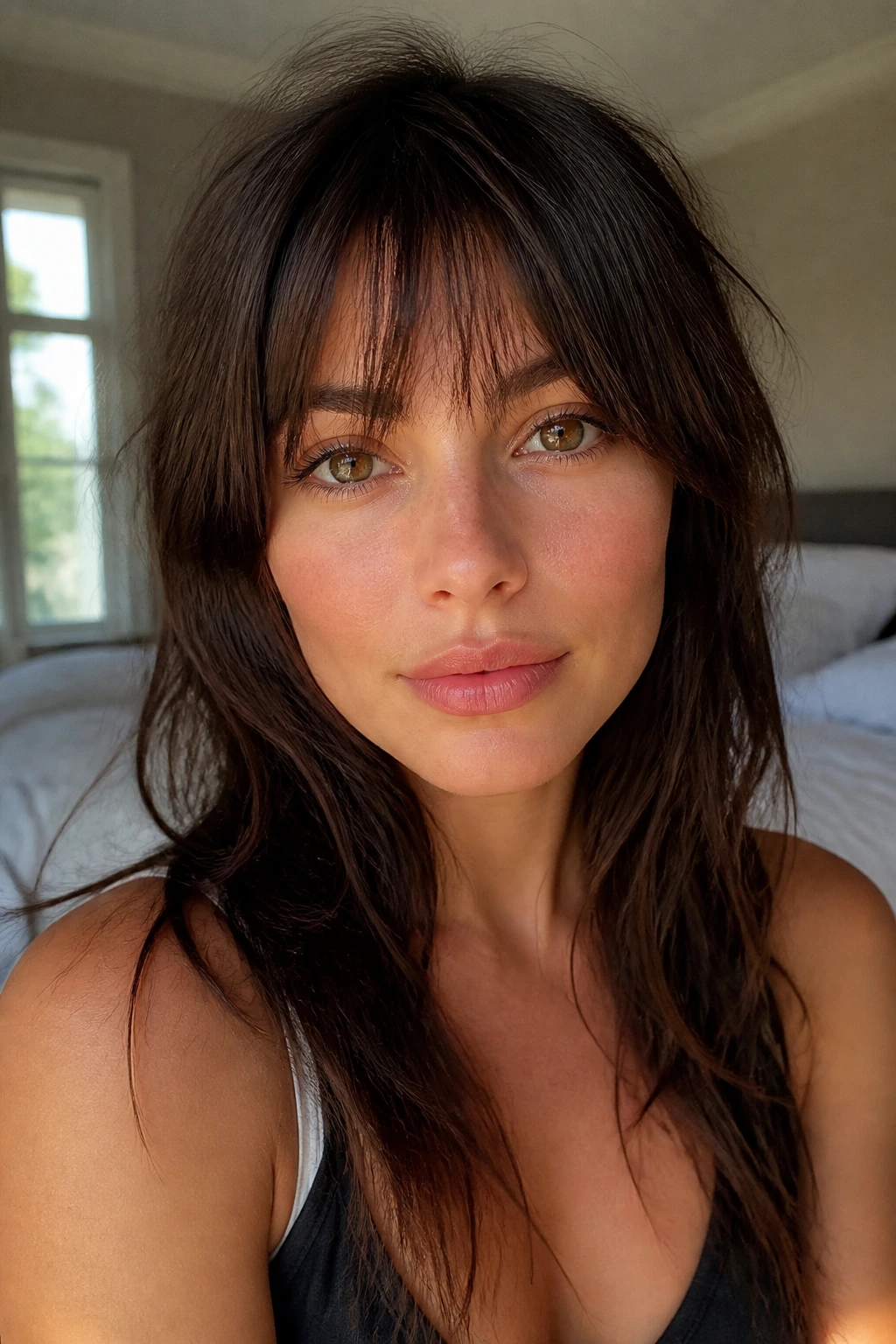 Real woman wearing tousled French fringe around the brows