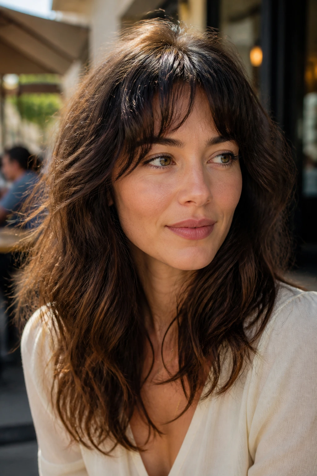 Close-up of a real woman with tousled French fringe in natural outdoor light.