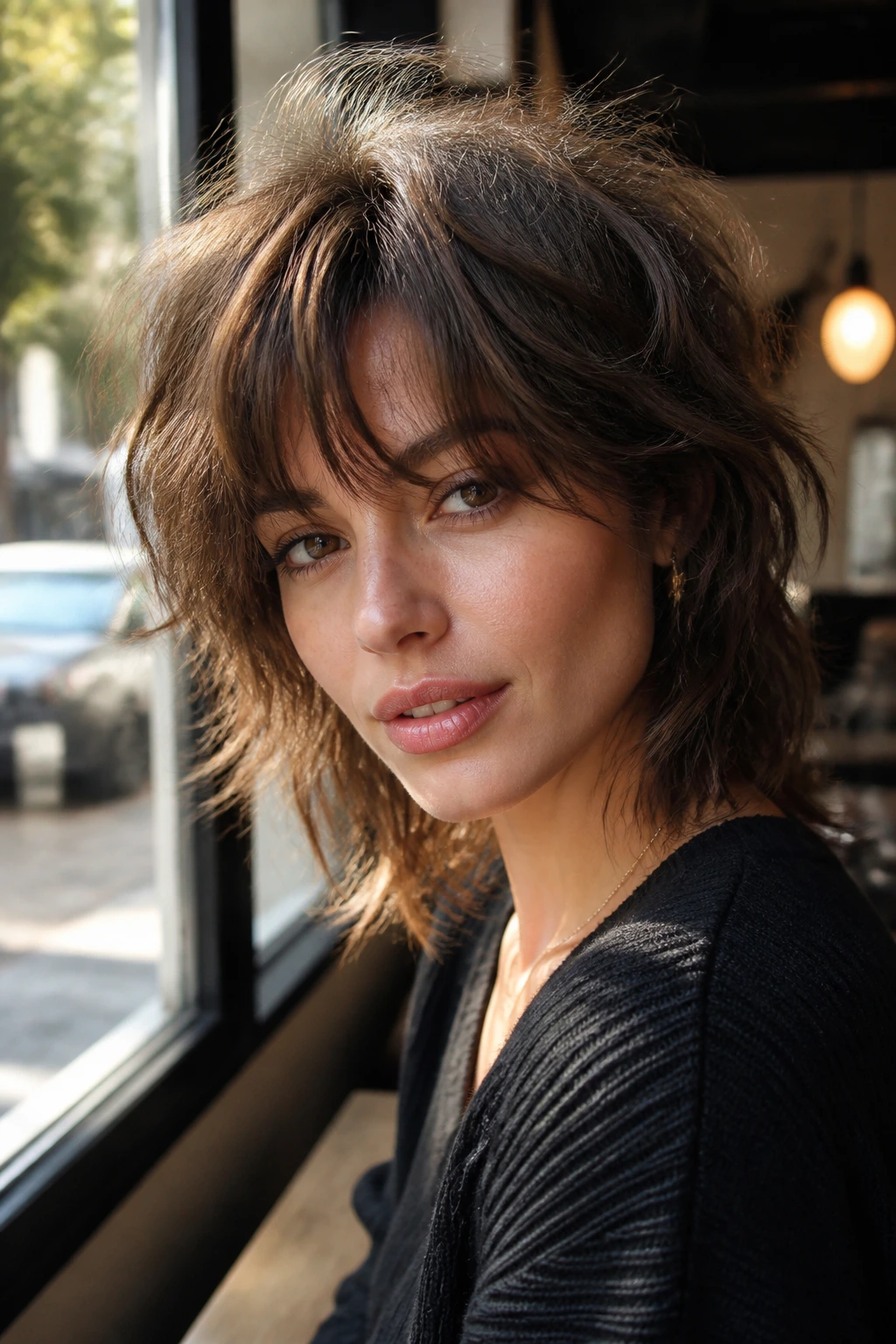 Portrait of real person with tousled French girl shag featuring airy fringe