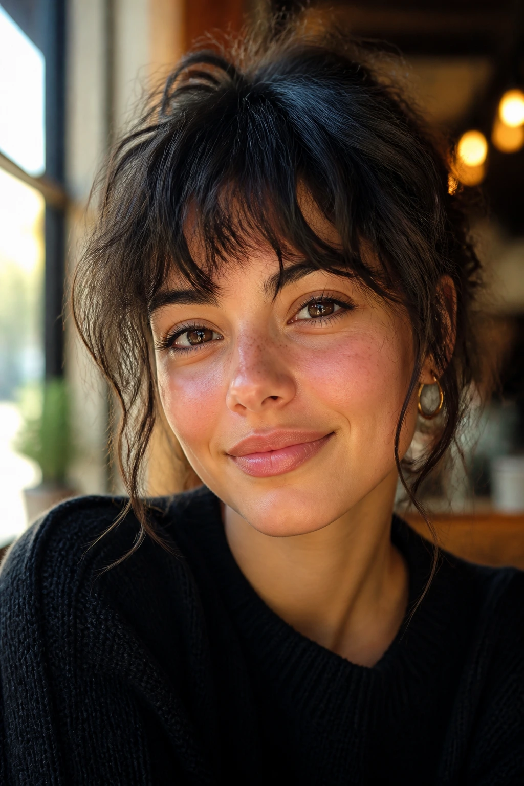 Close-up of a real woman with tousled fringe in a cozy cafe setting.