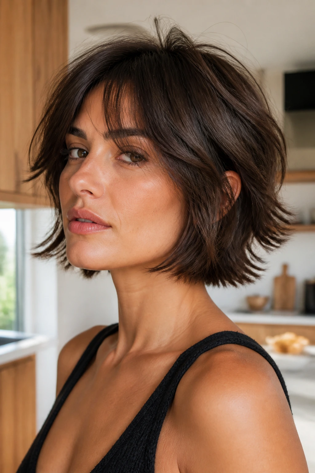 Portrait of a real person with tousled Italian wolf bob in a bright kitchen