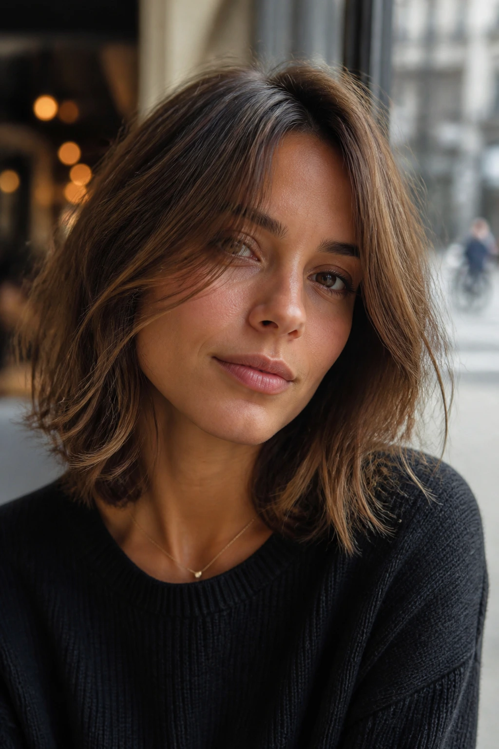 Real person with tousled layered lob in a cafe window setting.