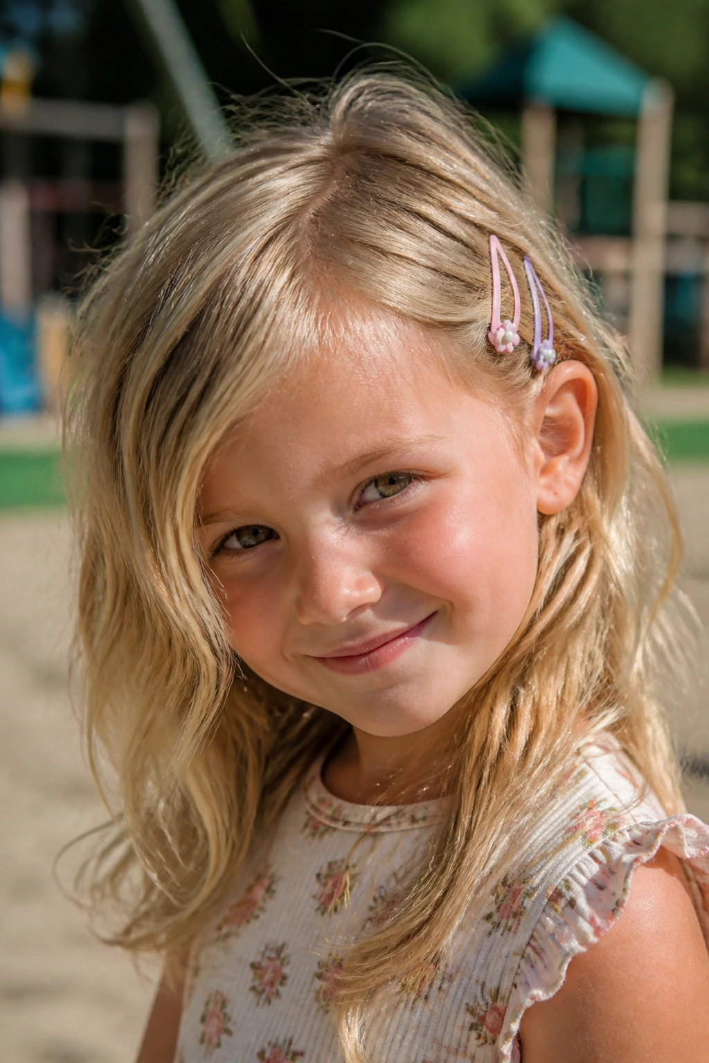 Real child with tousled layered hair and clips