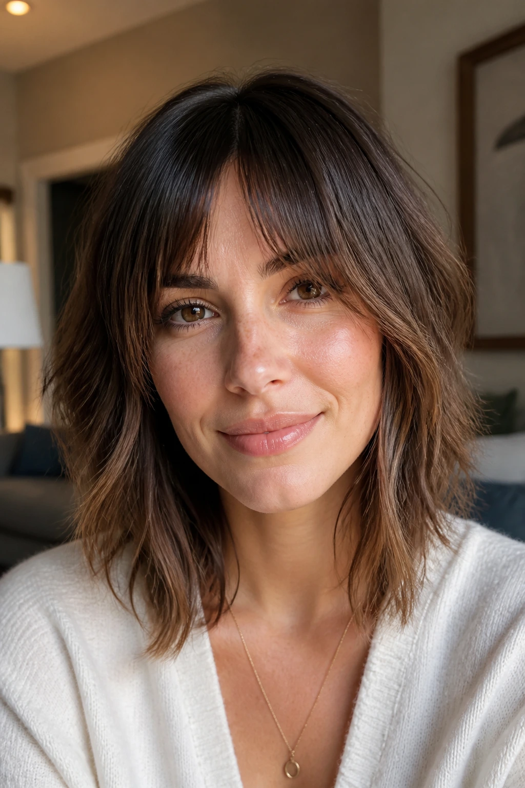 Close-up of a real person with bottleneck bangs and tousled lob in warm afternoon light