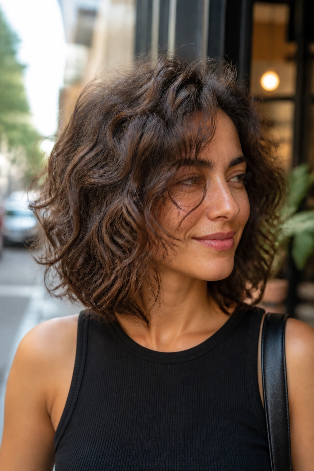 Medium close-up of a real woman with tousled shoulder-length curly lob by a cafe window.
