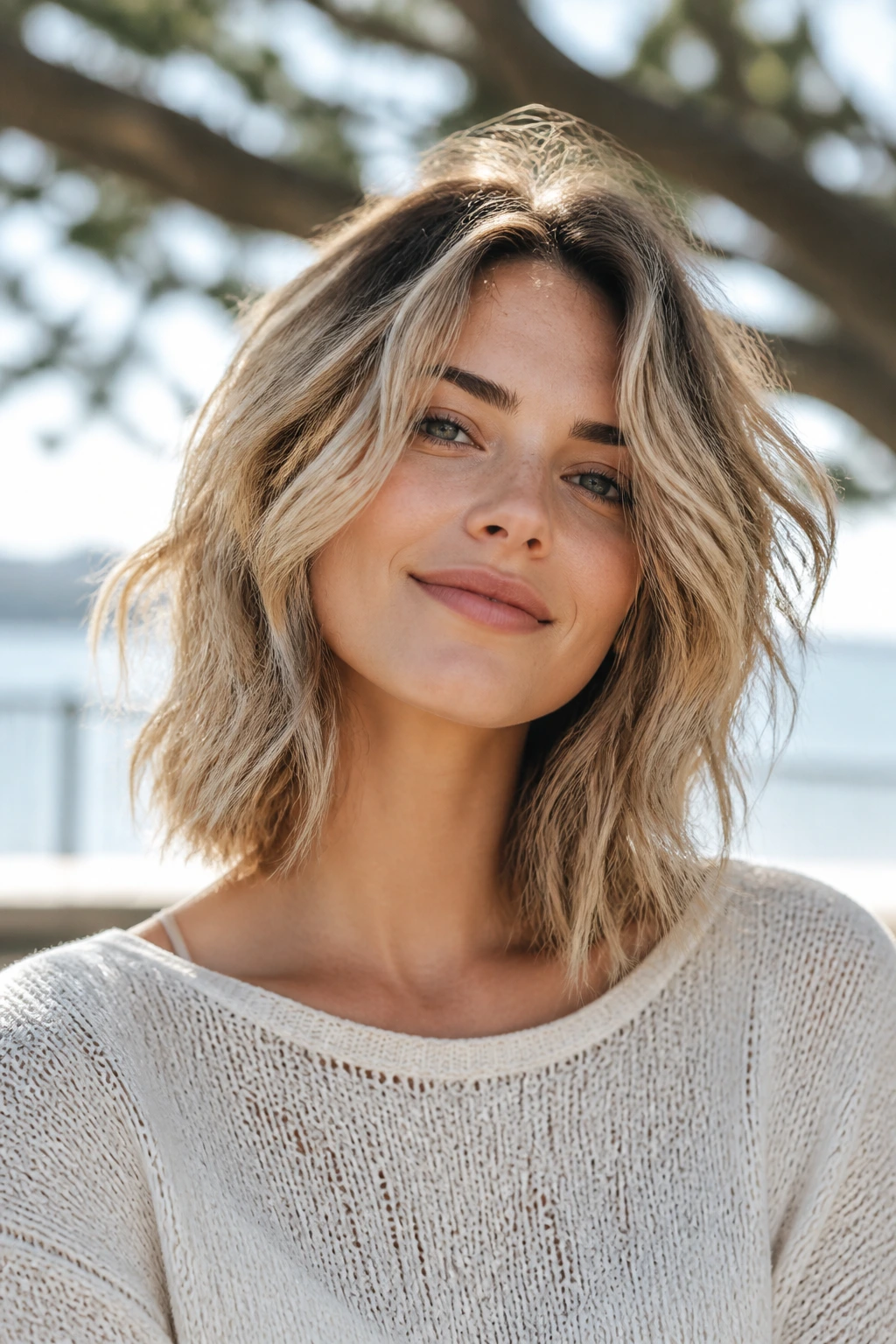 Medium close-up of a real woman with a tousled lob at collarbone length.