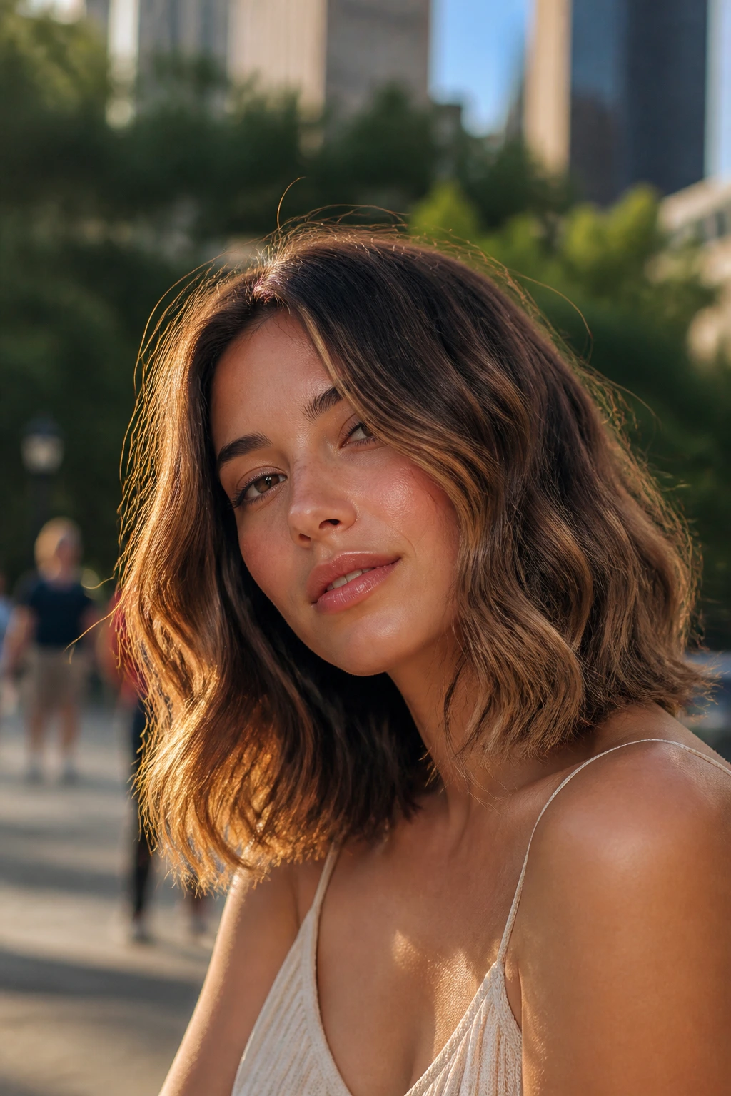 Close-up of a real person with a tousled lob and soft S-bend waves