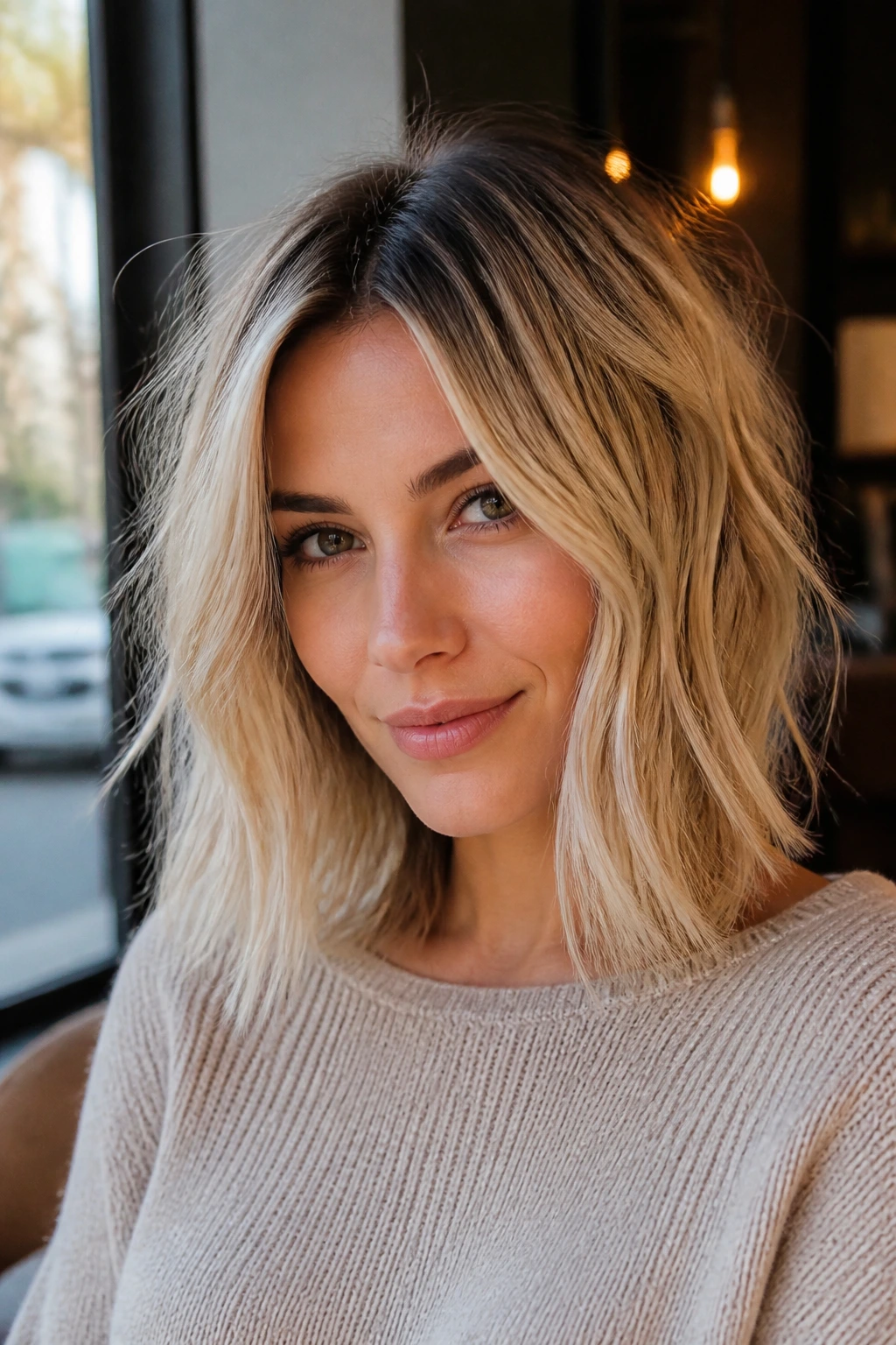 Real woman with tousled lob and shadow root in natural light