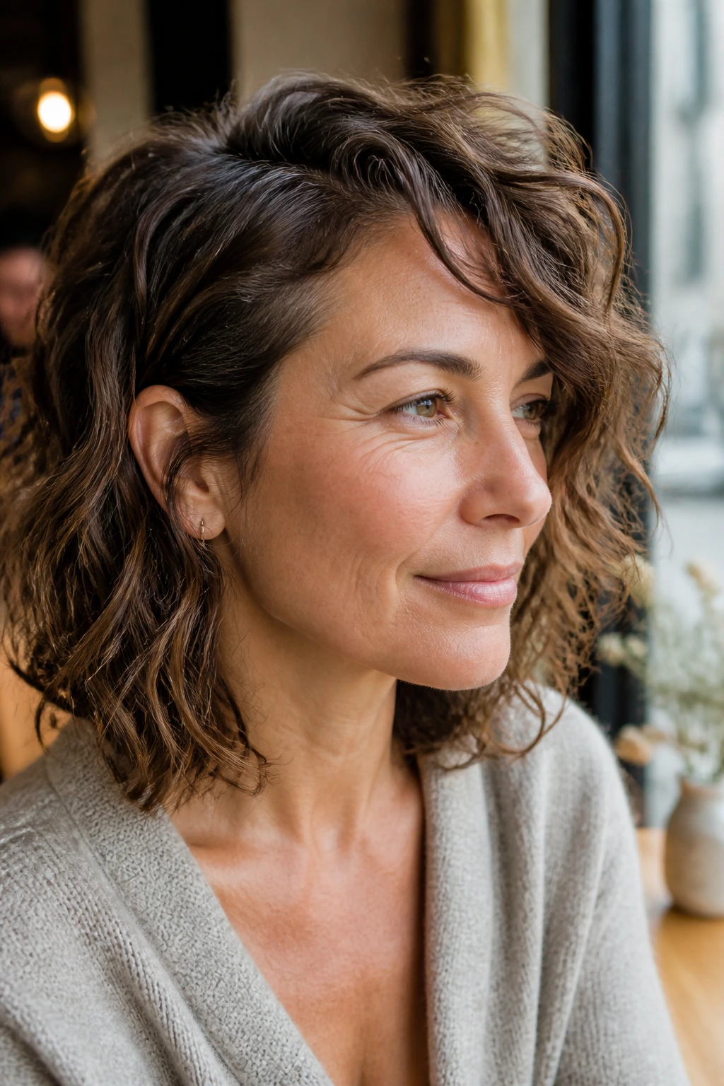 Close-up of real woman with tousled lob shag in sunlit cafe light