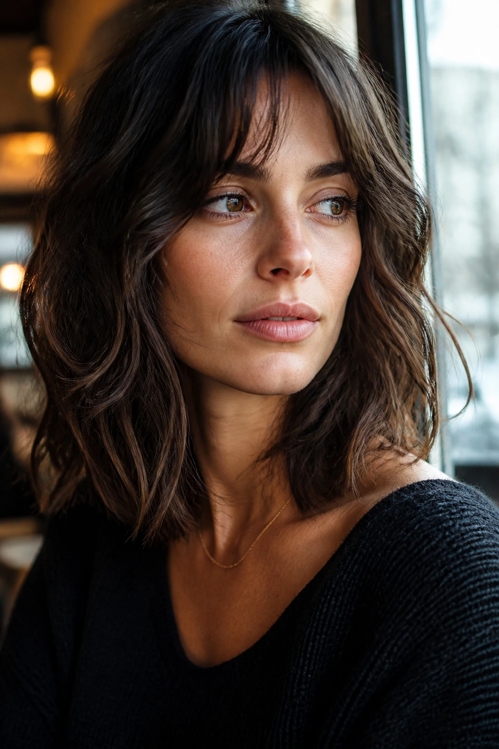 Portrait of a woman with tousled lob waves in warm cafe window light