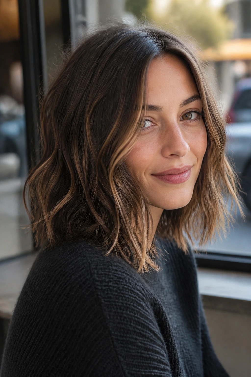 Portrait of a real woman with a tousled long bob showing soft waves