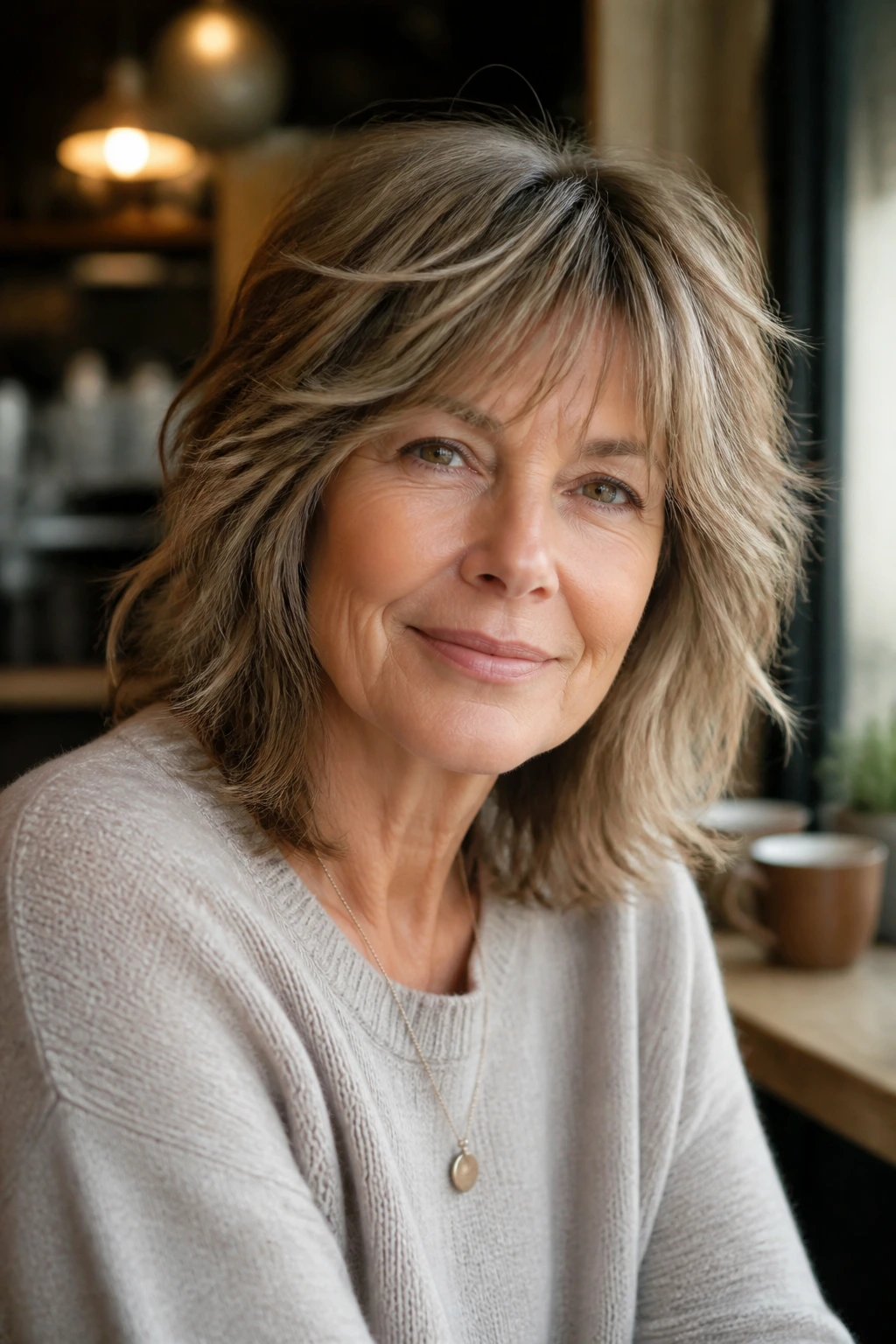 Close-up of a real woman with a tousled mid-length shag, loose waves and warm light.