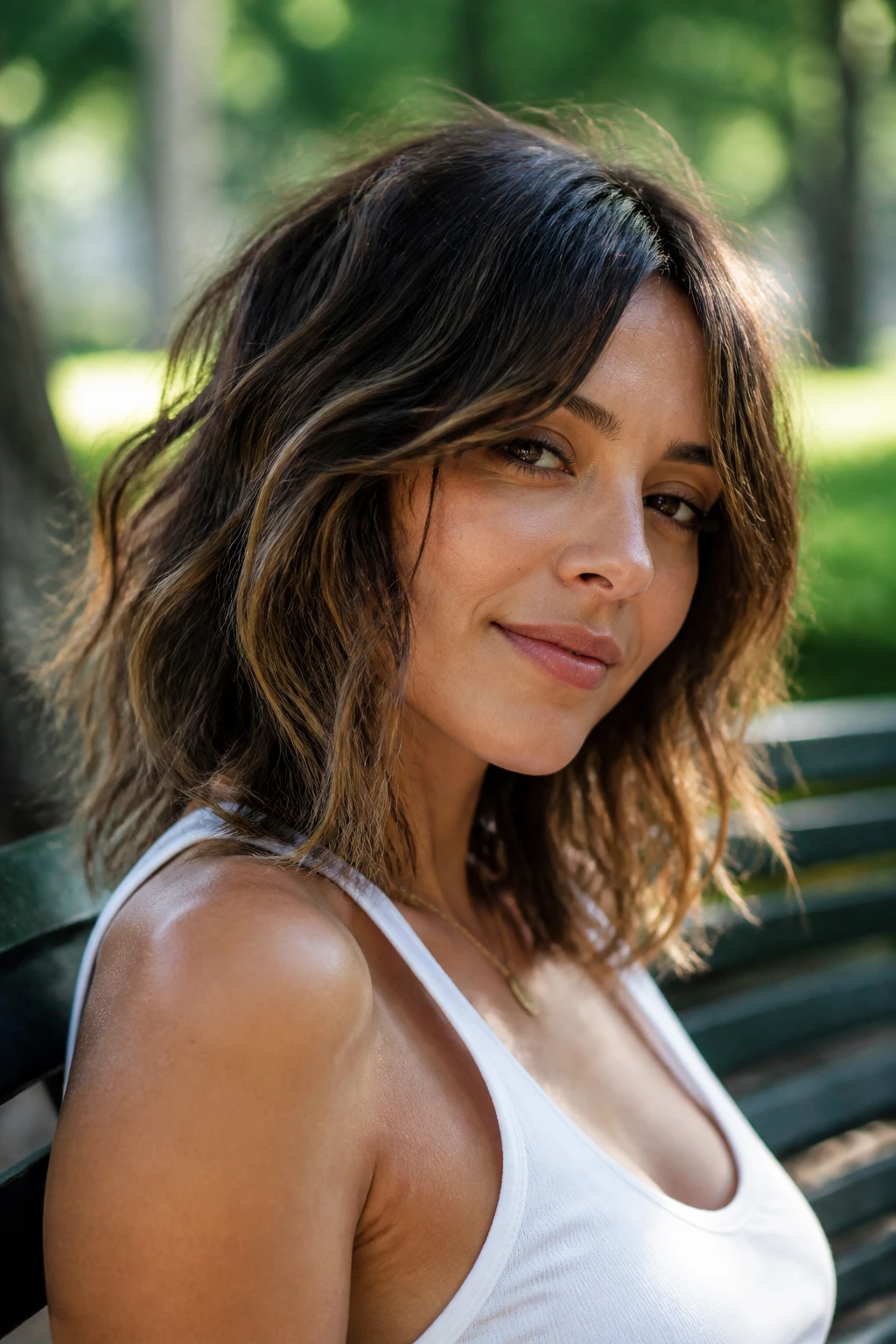 Medium-close-up of a real woman with a tousled mid-length cut and texture near the face