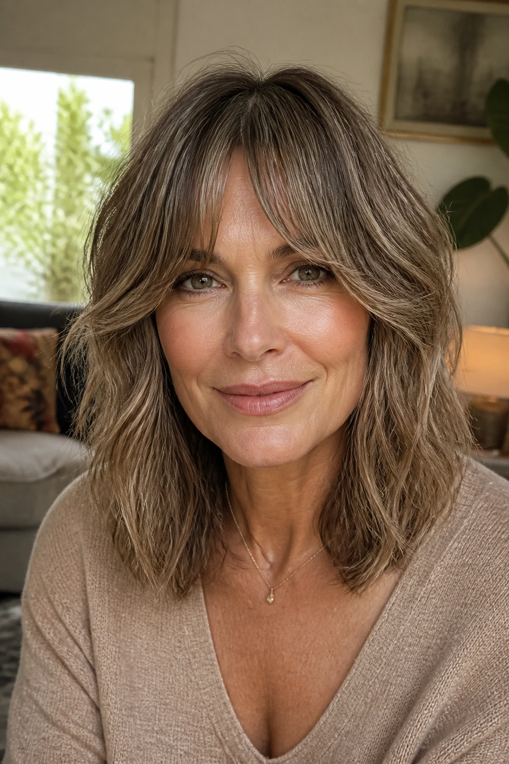 Portrait of a real woman with tousled midi cut and bottleneck bangs in cozy living room