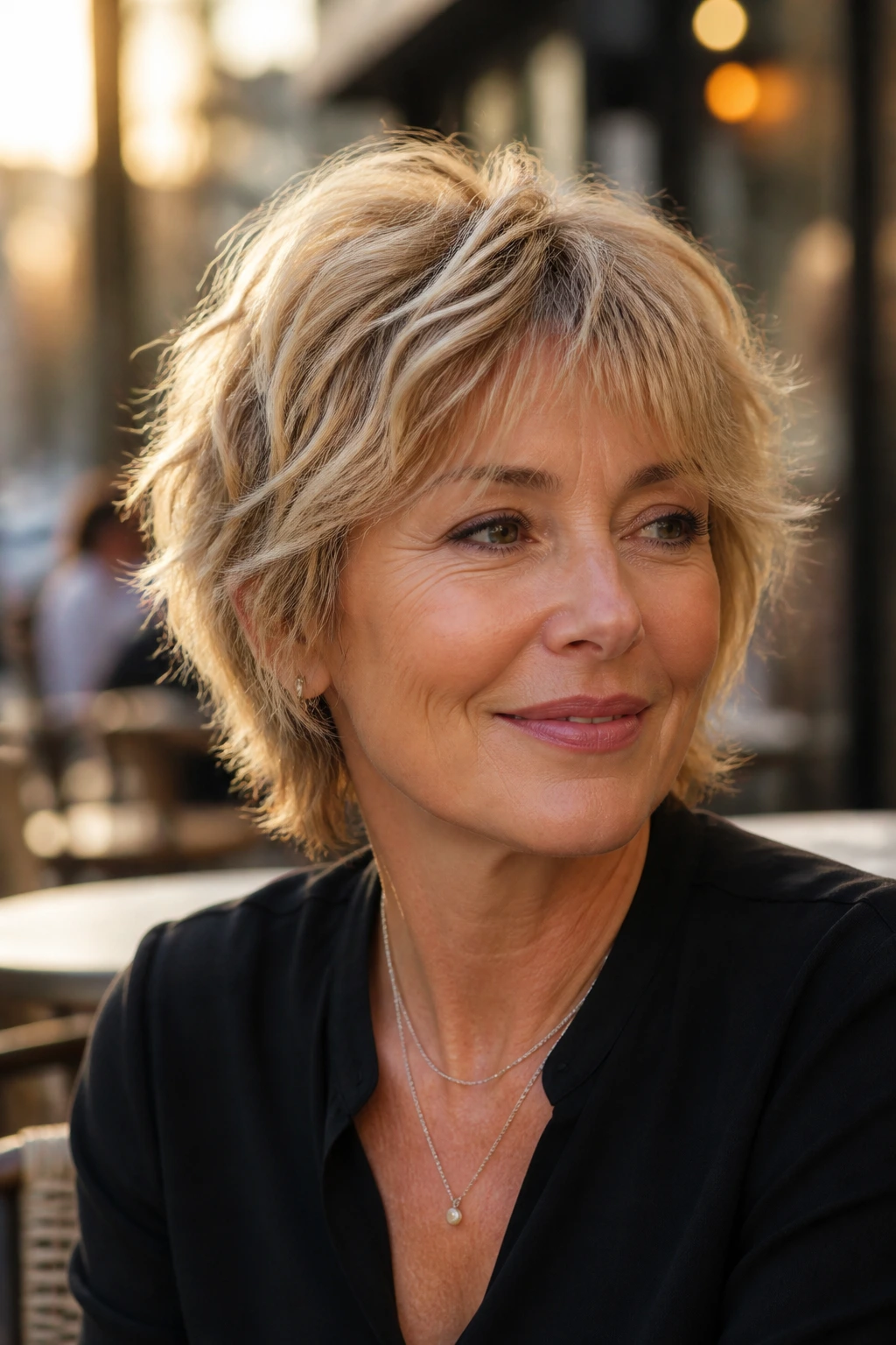 Real woman portrait with tousled mini shag in outdoor cafe light