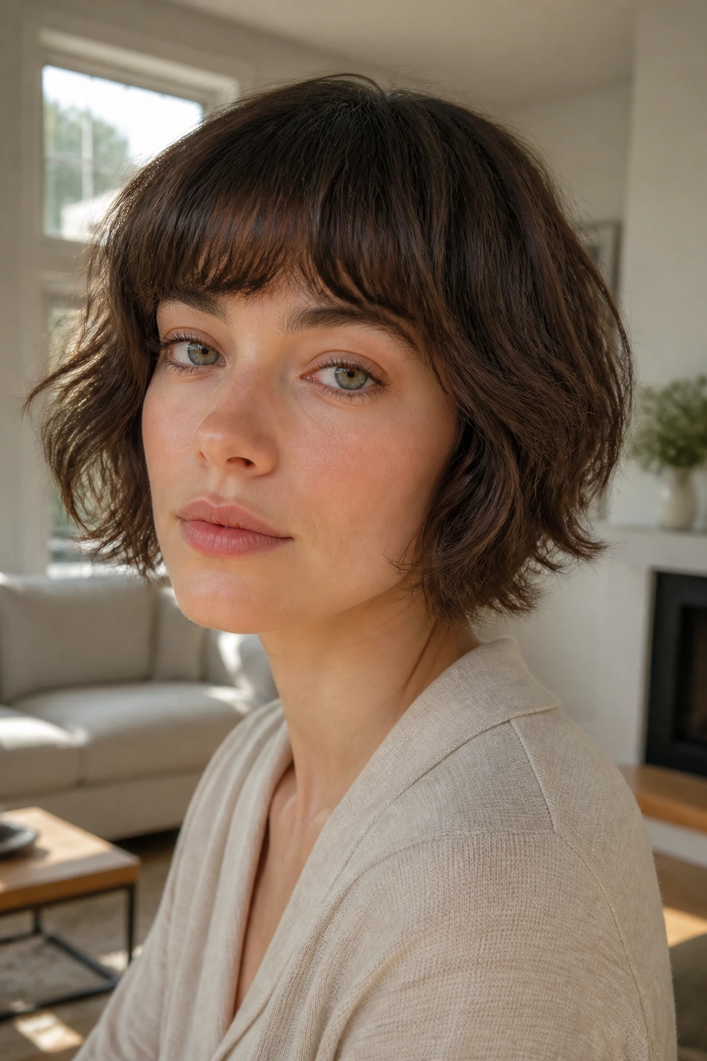 Close-up portrait of a real person with tousled pageboy and rounded bangs