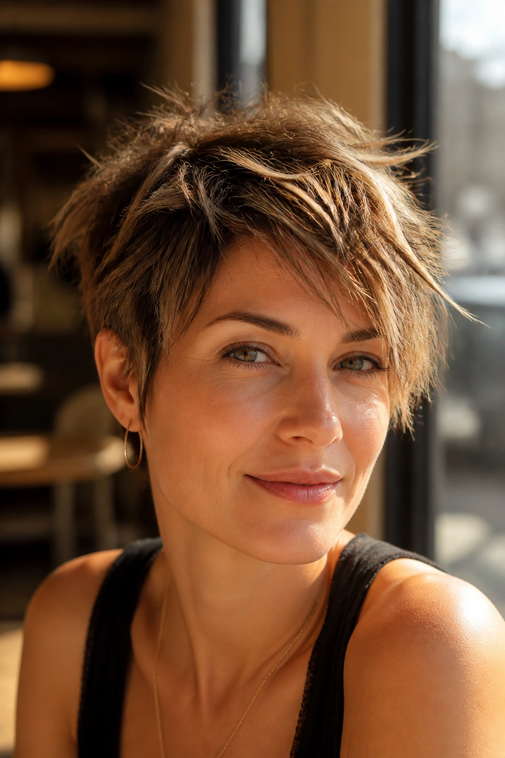 Portrait of a woman with a tousled, piecey pixie cut in a sunlit cafe.