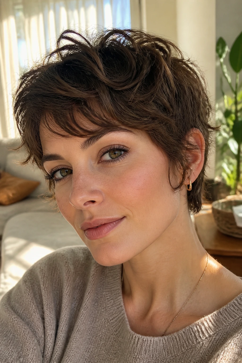 Close-up of a real woman with tousled air-dry pixie and bends in sunlight