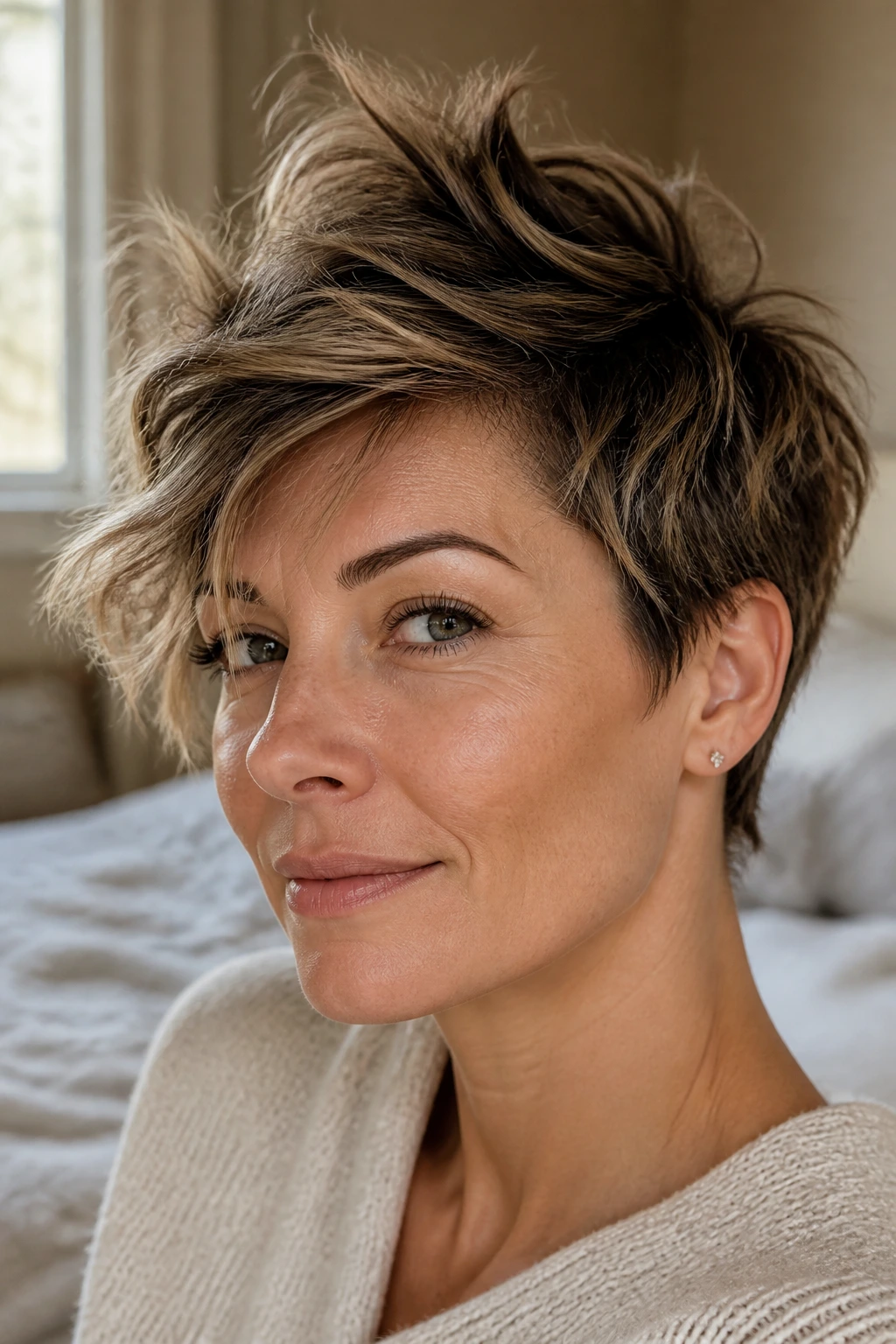 Close-up of real person with tousled bedhead pixie in morning light