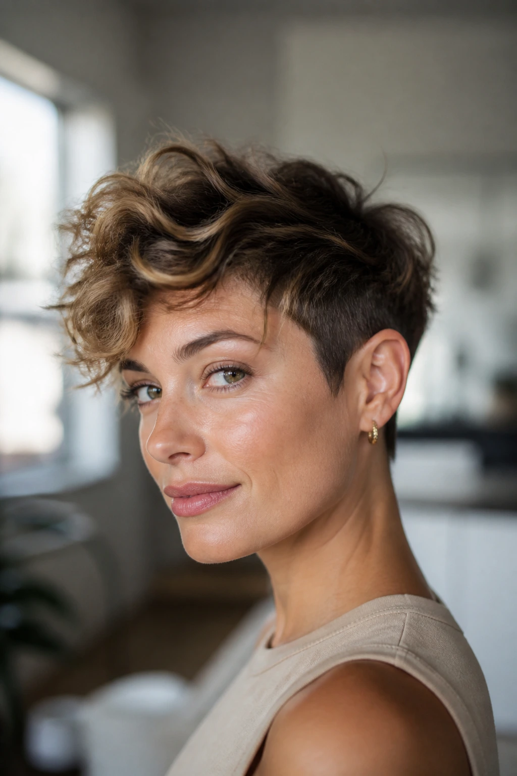 Portrait of a woman with a tousled long-top pixie hairstyle