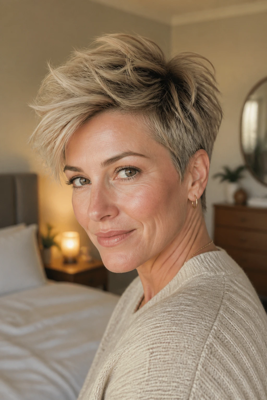 Close-up of a tousled pixie with long top layers on a real woman.