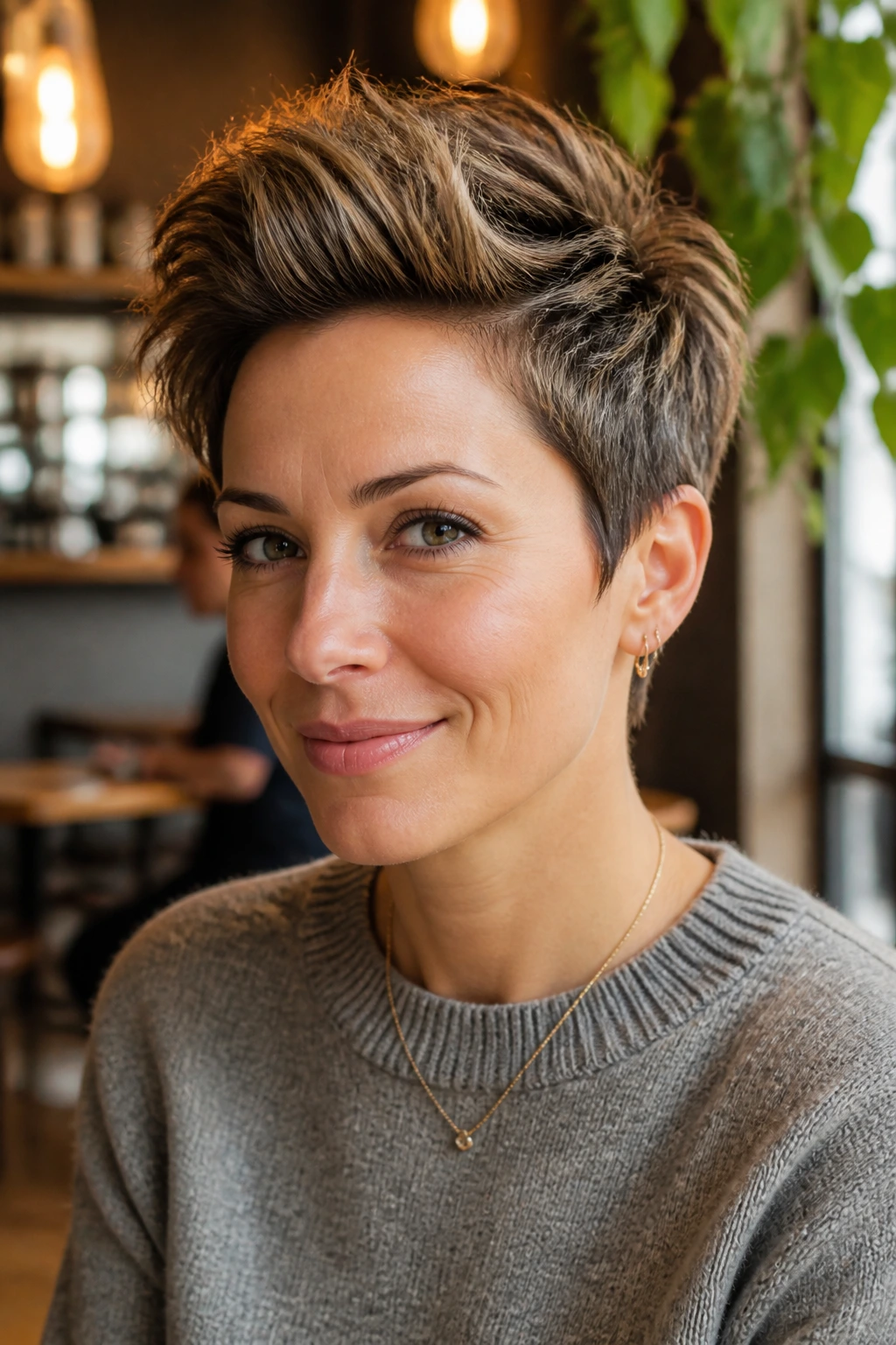 Real woman with tousled pixie and long top