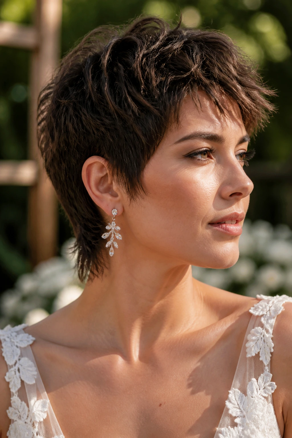 Bride with tousled pixie mullet outdoors