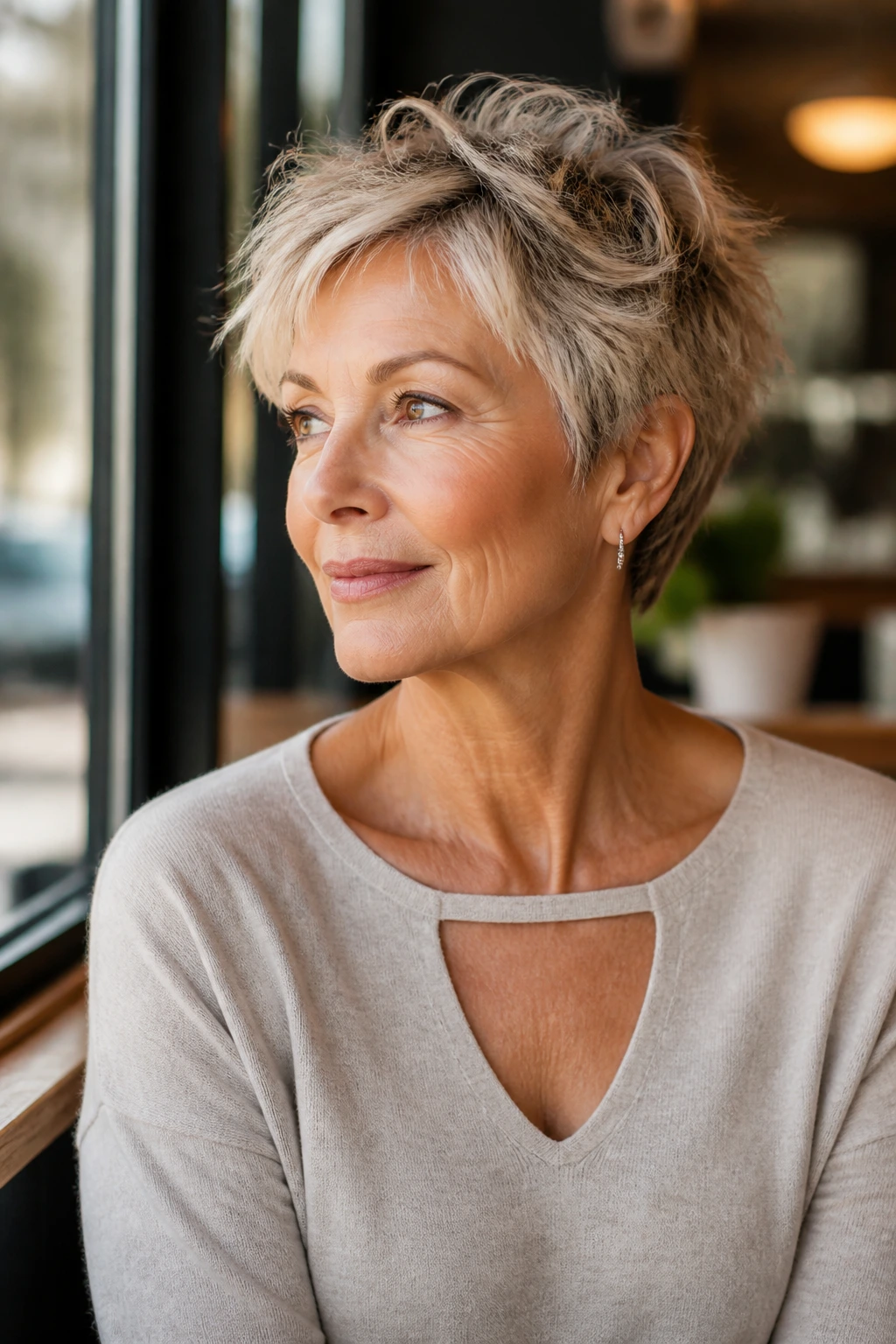 Portrait of a woman with tousled pixie and visible neckline detail of her top