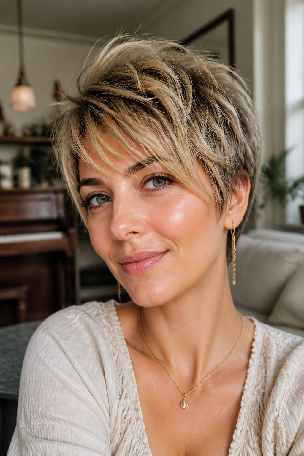 Portrait of a real woman with tousled pixie shag in a sunlit living room.