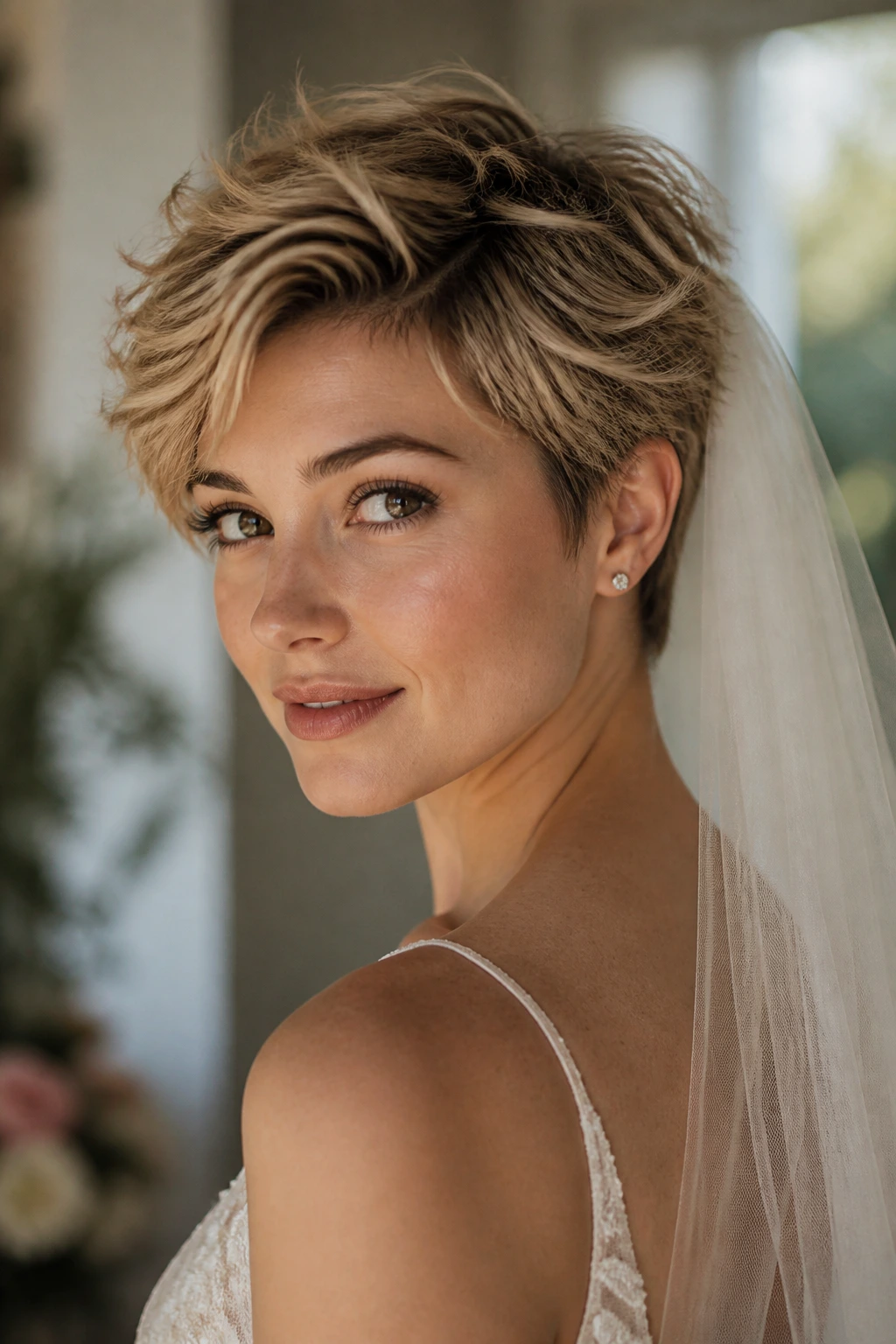 Bride with tousled pixie and loose veil, close-up