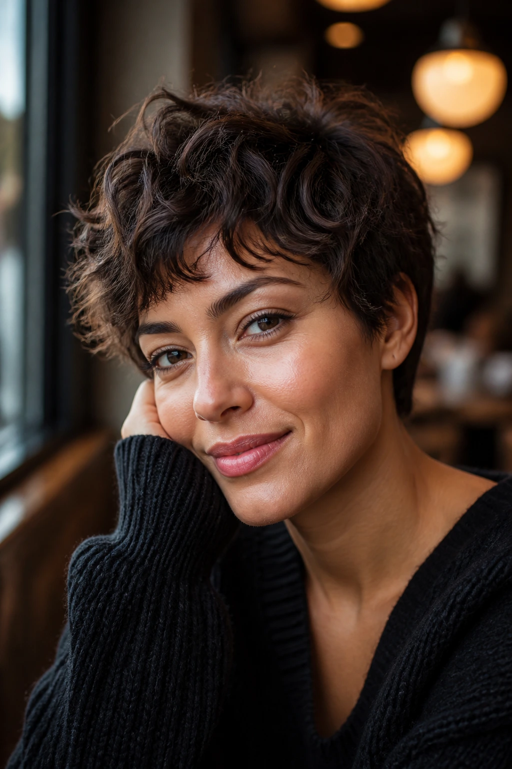 Close-up of a real woman with Tousled Pixie Waves and textured short hair