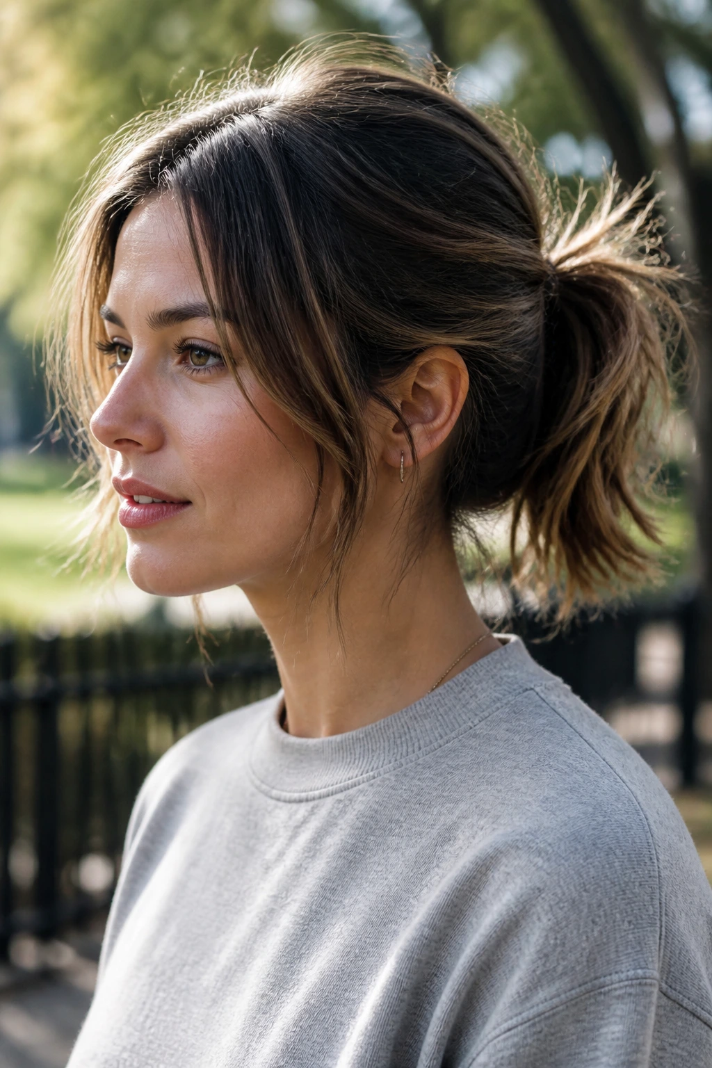 Close-up of a real woman with a tousled weekend pony in an outdoor park