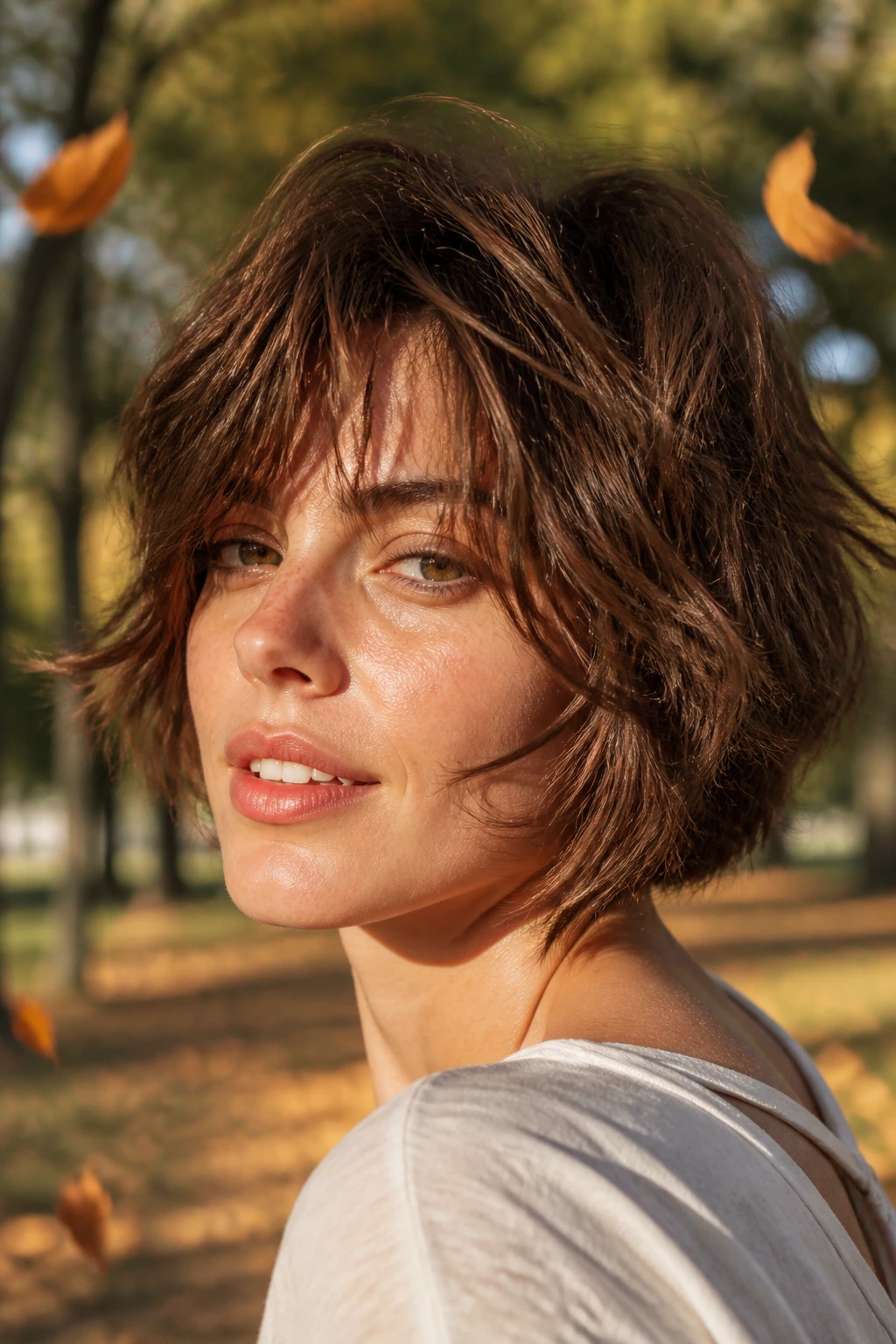 Close-up of a real person with a tousled razor-layered bob in outdoor light.