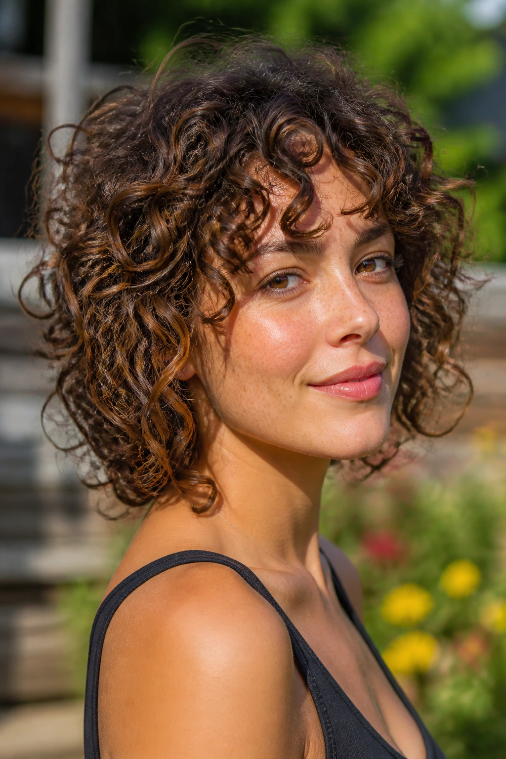 Close-up portrait of a real woman with Tousled Ringlet Shag hairstyle