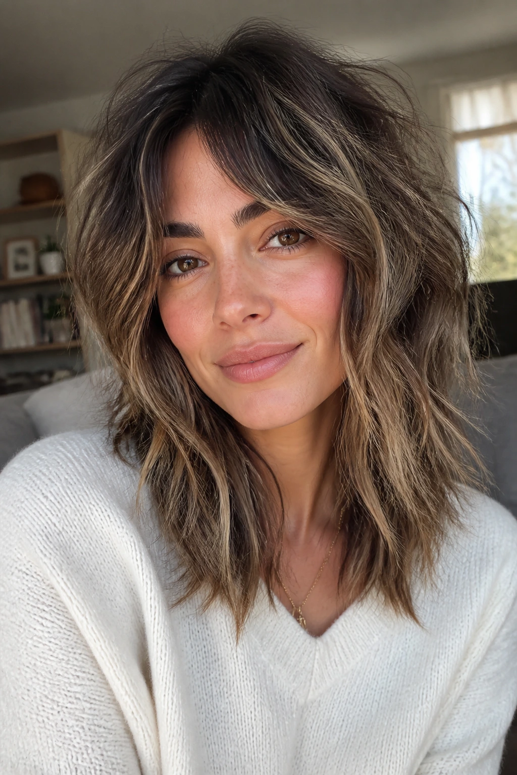 Real woman with tousled shag and rooty blonde balayage on brunette hair