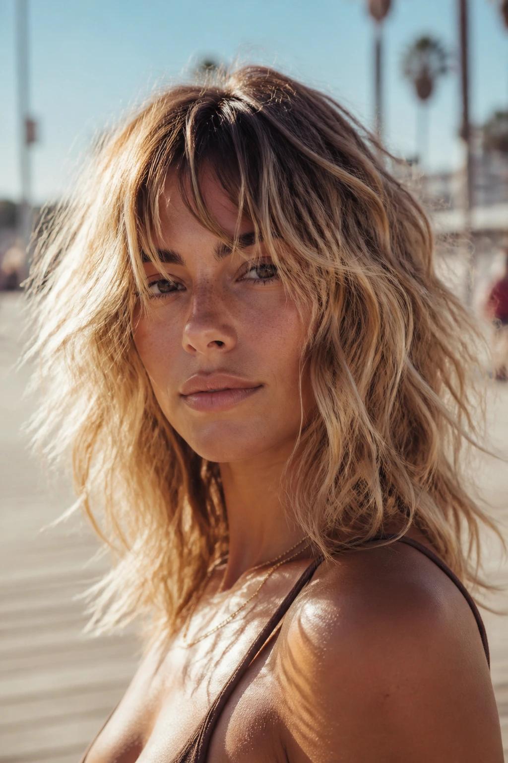 Close-up of a woman with tousled shag beach waves at the beach.