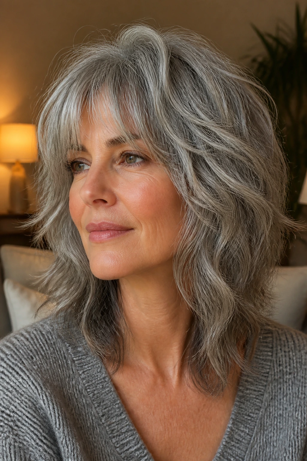 Close-up portrait of a real woman with Tousled Shag with Bottleneck Bangs on gray hair.