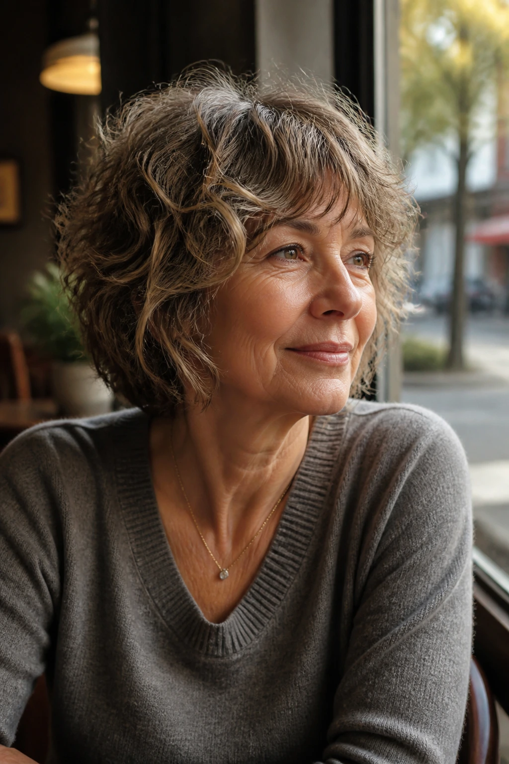 Close-up of a woman with tousled shag perm showing layered texture and fringe