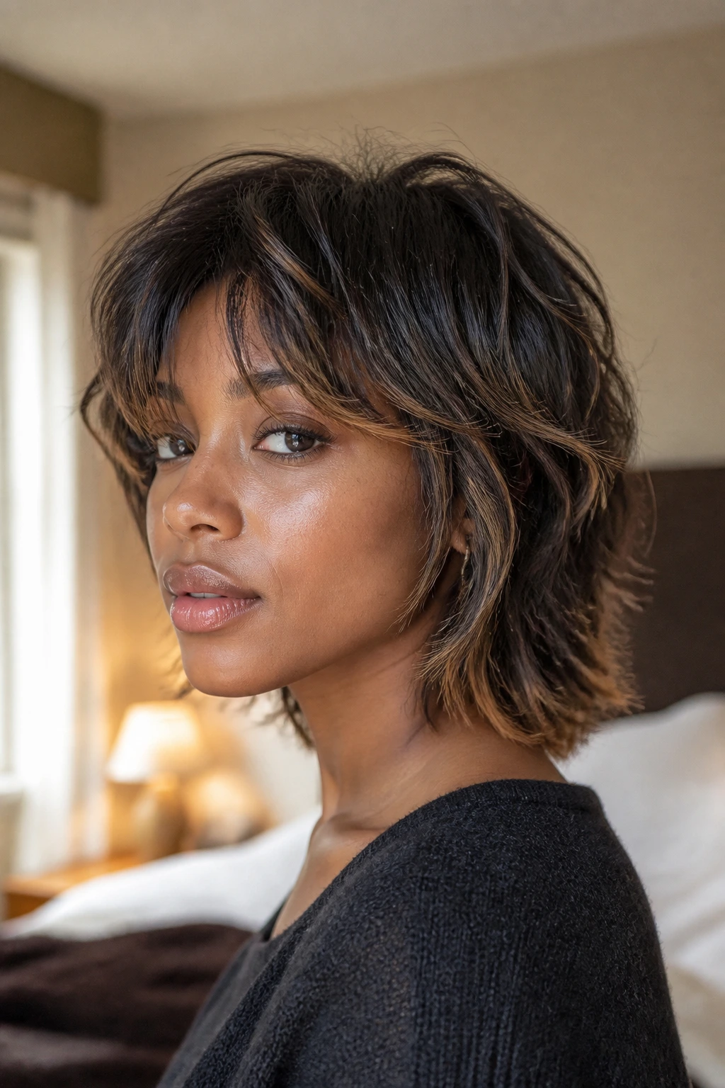 Close-up of real person with tousled relaxed shag and light feathered ends
