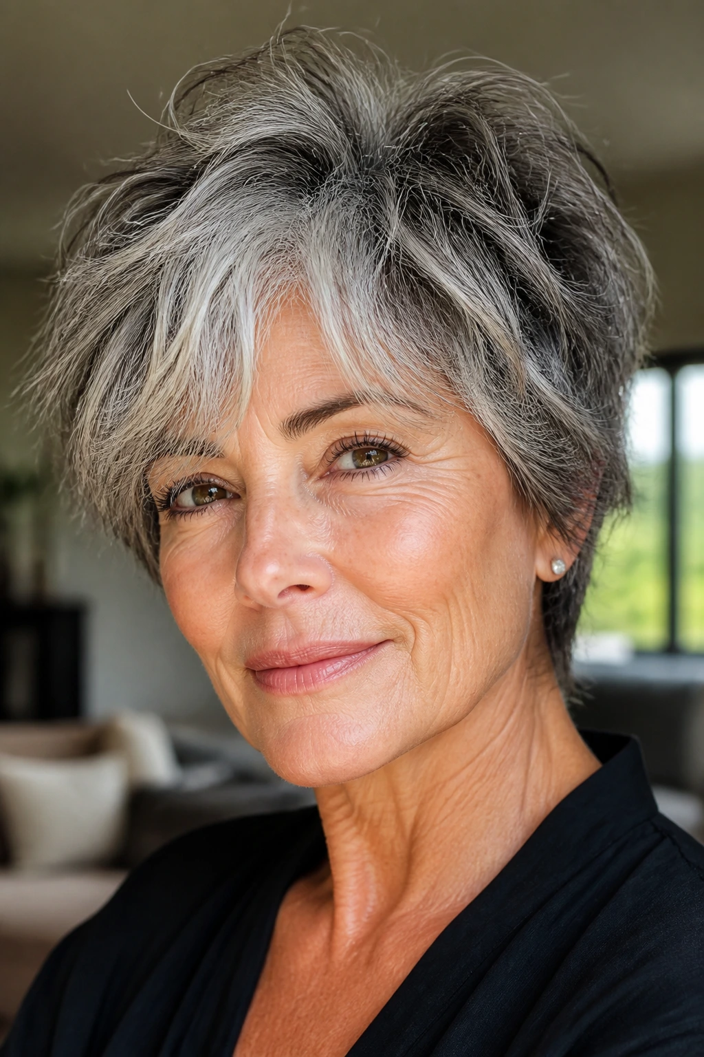 Close-up of a mature woman with a tousled shag and smoky silver streaks